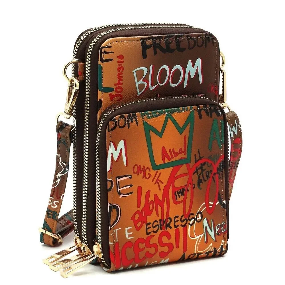 Trendy Graffiti Print Cell Phone Purse Crossbody Bag